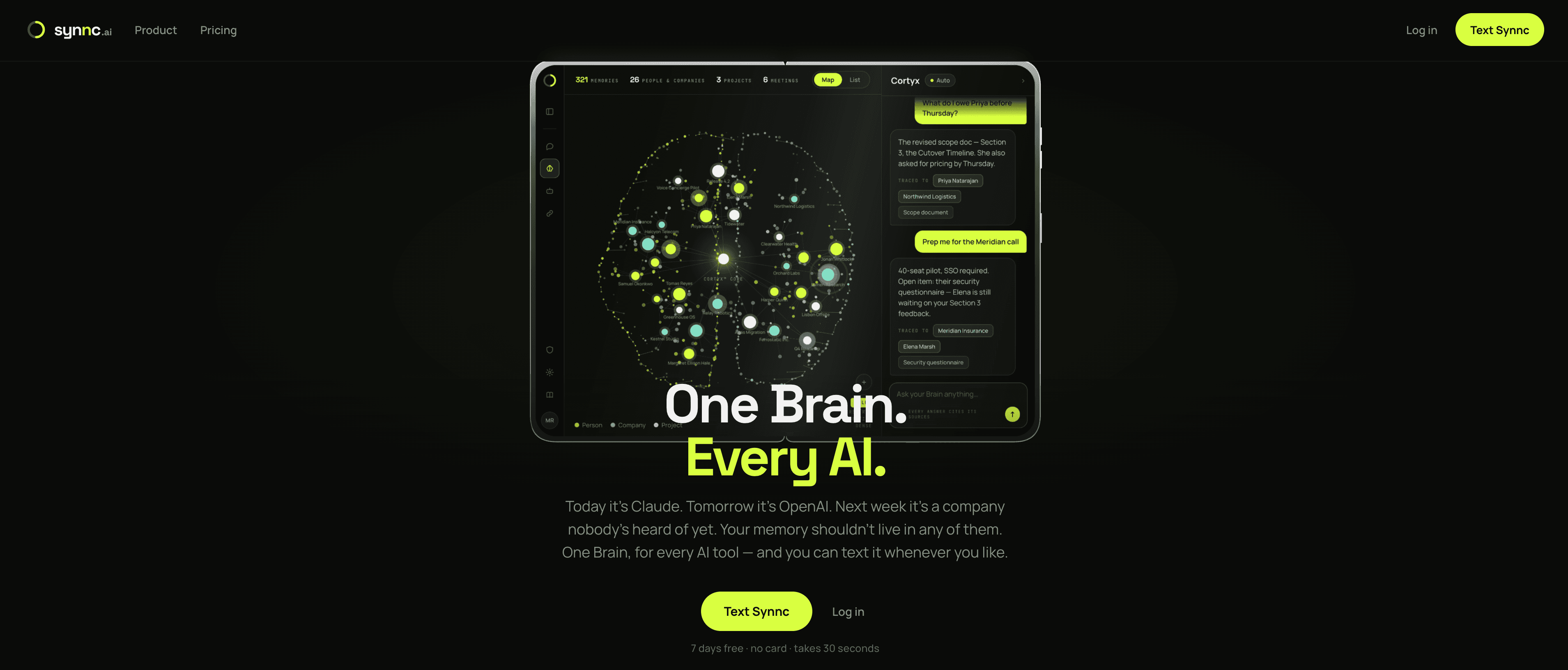 Synnc.ai platform homepage showing its connected Brain and AI workspace
